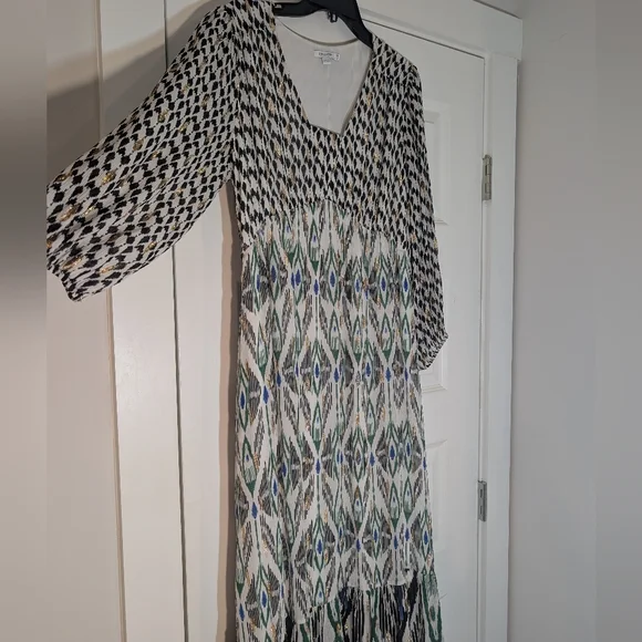 Chico's Boho Black, White And Metallic Gold Geometric Long Sleeve Dress Size 6 - Picture 5 of 10